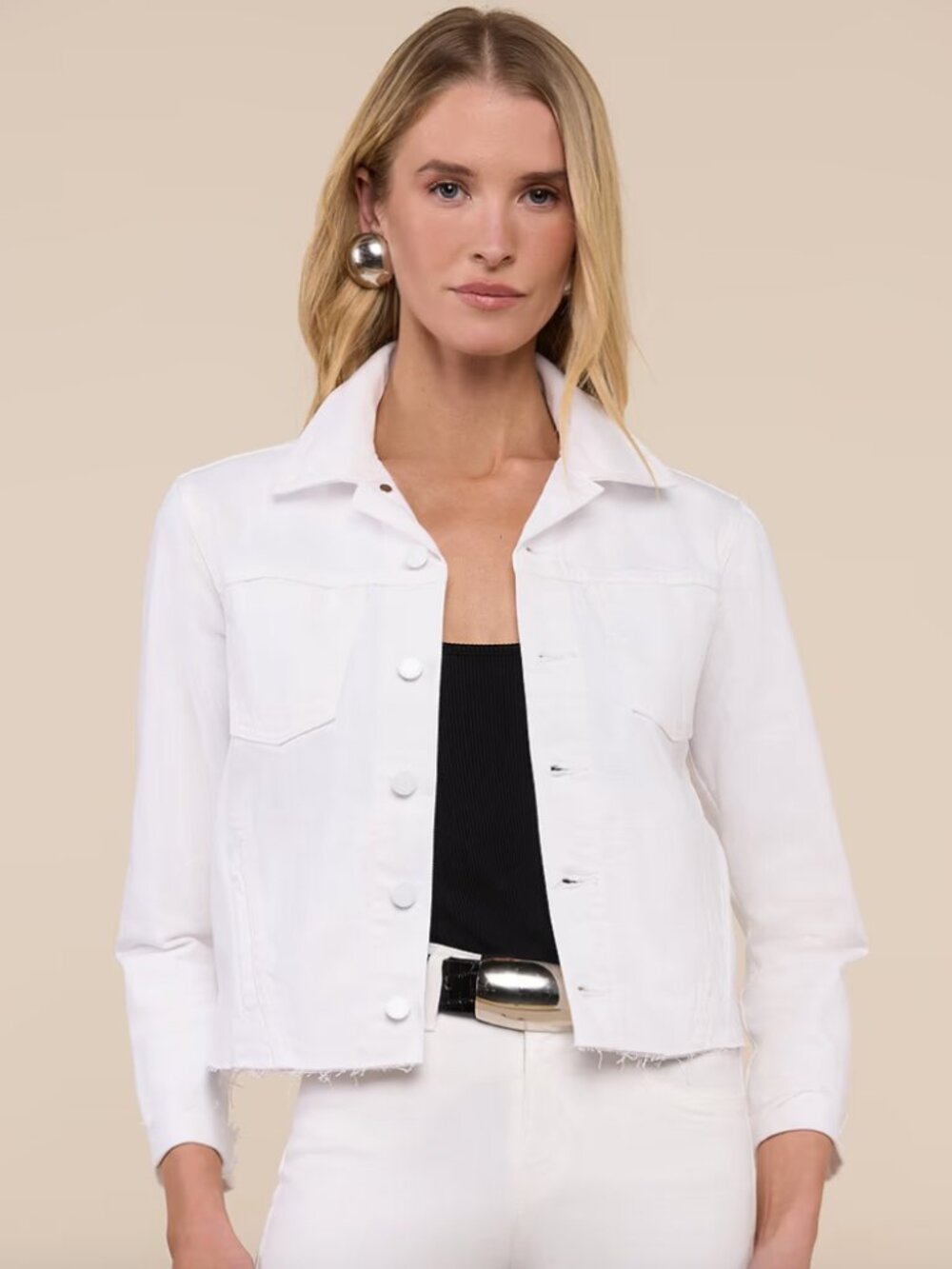 L'AGENCE Janelle White Subtle Stretch Slim Raw Hem Denim Jacket - Size - Small